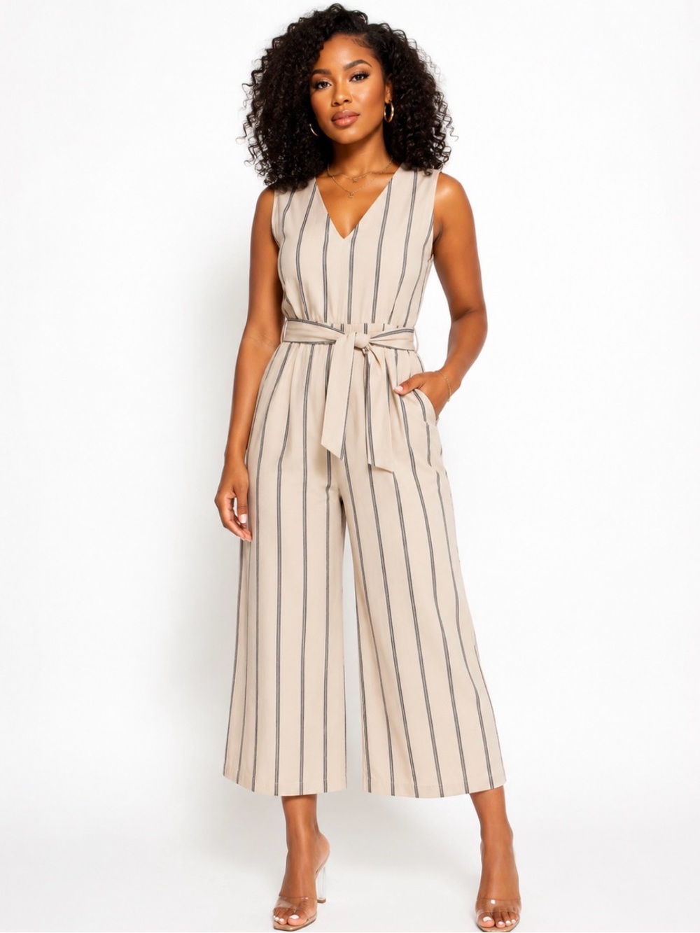 Lane Bryant Cream/Navy Striped Belt Jumpsuit 12 Stockphoto to show possible fit